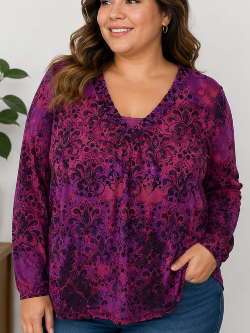 Liz Claiborne Floral Print V Neck Top Large Boho Chiccore